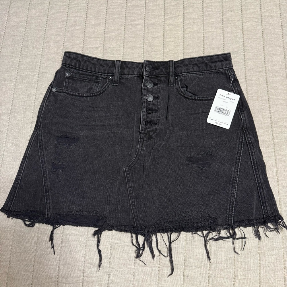 Free People Black Distressed Denim Skirt